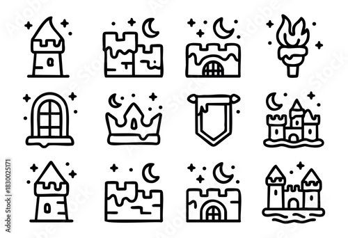 A collection of medieval and fantasy-themed line art icons, featuring various castles, towers, a torch, a crown, a window, and a banner, often adorned with stars and crescent moons.