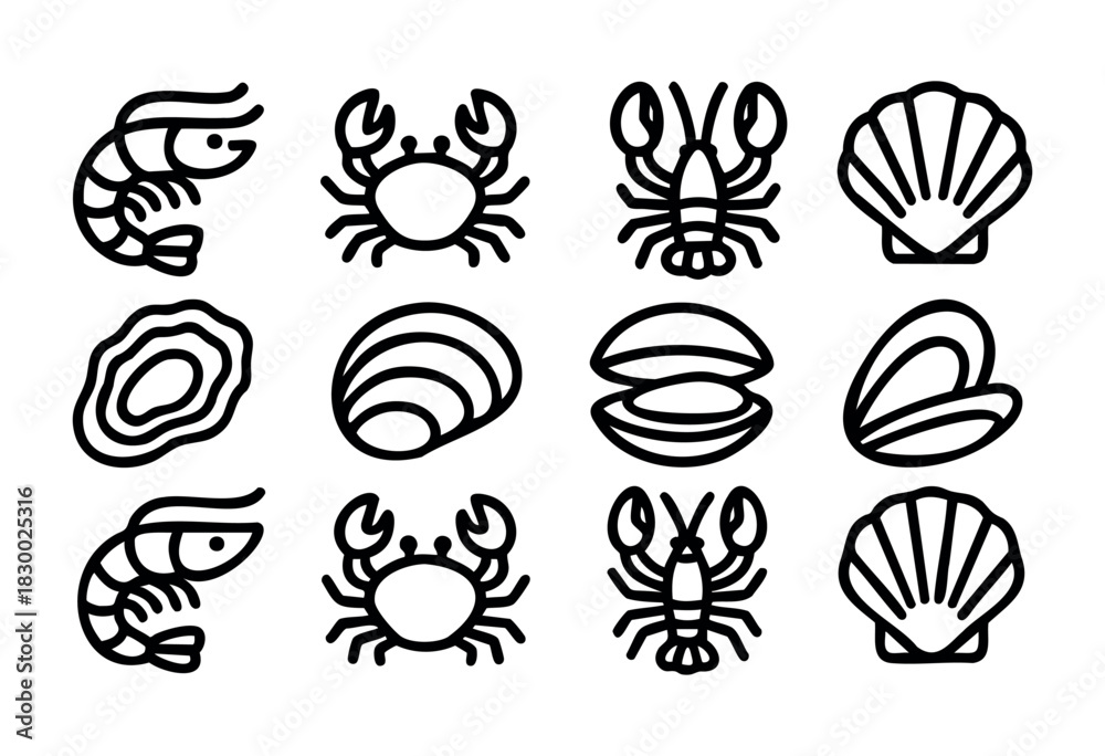 Obraz premium A collection of twelve bold line art icons representing various seafood, including shrimp, crab, lobster, scallop, oyster, clam, and mussel.