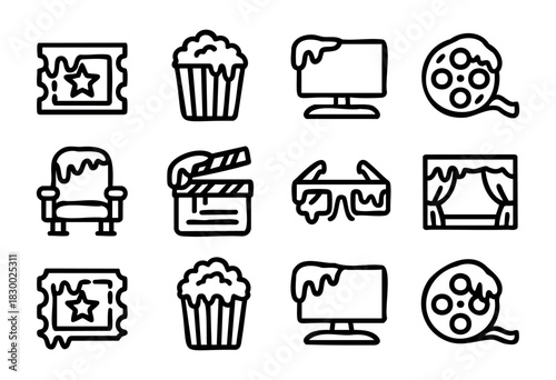 A collection of line art cinema and movie-related icons, featuring a movie ticket, popcorn, TV monitor, film reel, cinema chair, clapperboard, 3D glasses, and stage curtains, all rendered in a unique 