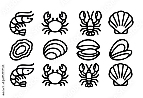 A collection of twelve bold line art icons representing various seafood, including shrimp, crab, lobster, scallop, oyster, clam, and mussel.