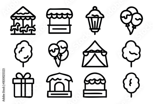 A collection of carnival and amusement park themed outline icons, featuring a merry-go-round, ferris wheel, game stalls, and various treats and festive elements.