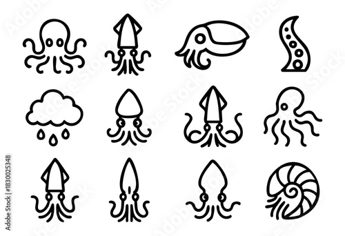 A collection of minimalist outline icons depicting various marine life, including multiple octopuses, squids, a cuttlefish, nautilus shells, an octopus tentacle, and an abstract sea element, all in a 