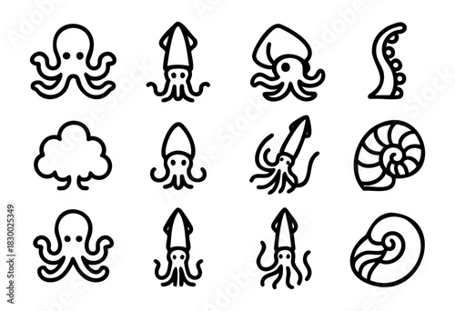 A collection of minimalist outline icons depicting various marine life, including multiple octopuses, squids, a cuttlefish, nautilus shells, an octopus tentacle, and an abstract sea element, all in a 