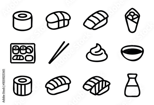 A collection of simple line art icons representing various elements of Japanese cuisine, including sushi rolls, nigiri, temaki, a bento box, chopsticks, a soy sauce bottle, and a soup bowl.