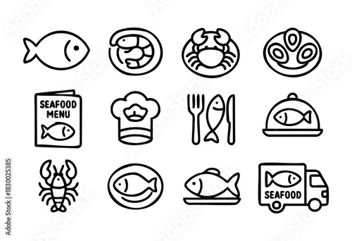 A collection of black outline seafood icons, featuring fish, shrimp, crab, oysters, a menu, a chef's hat, cutlery, and a delivery truck, all presented in a minimalist line art style.