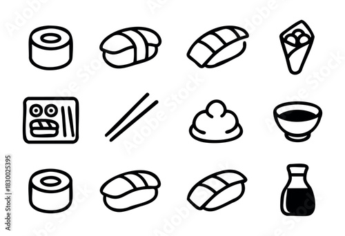 A collection of simple line art icons representing various elements of Japanese cuisine, including sushi rolls, nigiri, temaki, a bento box, chopsticks, a soy sauce bottle, and a soup bowl.
