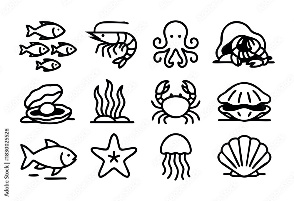 Obraz premium A collection of black outline icons representing various marine life and seafood, including fish, shrimp, octopus, hermit crab, oyster with a pearl, seaweed, crab, clam, starfish, jellyfish, and scall