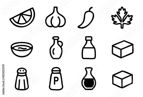 A set of common cooking ingredients, spices, and condiments depicted as black outline icons on a white background, including various food items, bottles, and bowls.