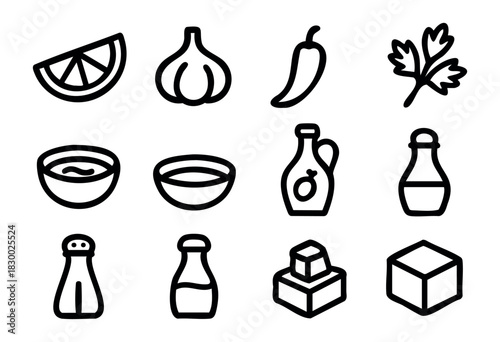 A set of common cooking ingredients, spices, and condiments depicted as black outline icons on a white background, including various food items, bottles, and bowls.