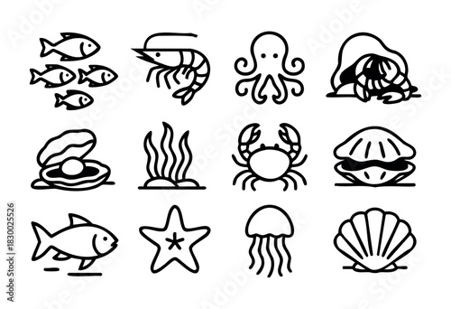 A collection of black outline icons representing various marine life and seafood, including fish, shrimp, octopus, hermit crab, oyster with a pearl, seaweed, crab, clam, starfish, jellyfish, and scall