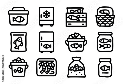 A collection of line art icons illustrating various methods of fish and seafood storage, packaging, and refrigeration, including containers, buckets, jars, and freezers.
