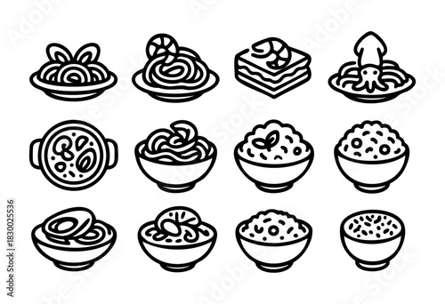 A diverse collection of minimalist outline food icons, featuring various pasta, rice, and seafood dishes including spaghetti, shrimp linguine, seafood lasagna, paella, risotto, and sushi rice, present
