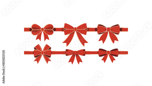 Collection of six elegant red velvet ribbon bows with tails on a white background for festive decoration