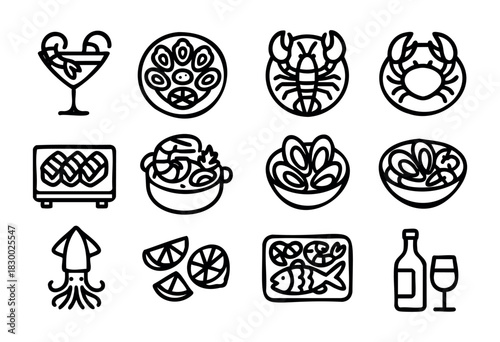 A collection of outline icons featuring various seafood dishes and ingredients, including shrimp cocktails, oysters, lobsters, crabs, mussels, fish, and other marine delicacies.