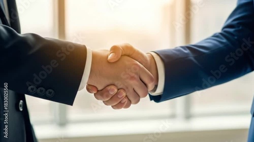 A close-up of two businessmen shaking hands against a bright, corporate window, sealing a deal. This footage is perfect for a successful partnership concept
