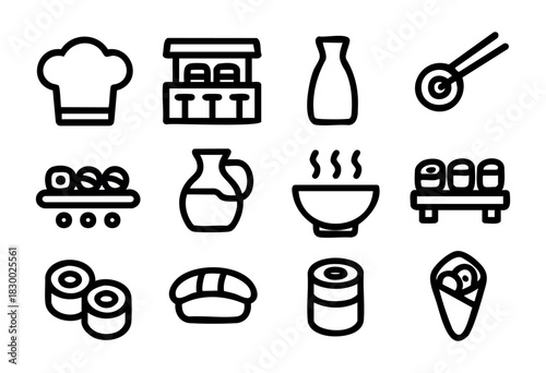 A collection of black outline icons representing various elements of Japanese food and cooking, including sushi, sake, a chef's hat, a food stall, and a steaming bowl.