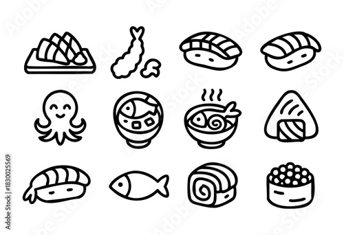 A collection of various Japanese food and seafood icons including sushi, nigiri, ramen, tempura, onigiri, and a cute octopus, all depicted in a thin line art style on a white background.
