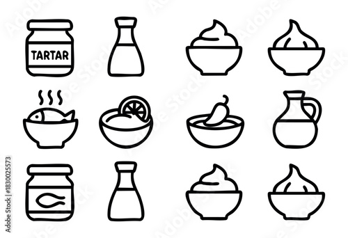 A collection of hand-drawn line art icons featuring various sauces and condiments, including tartar sauce, fish sauce, hot fish, chili sauce, lemon sauce, and olive oil, presented in jars, bottles, an