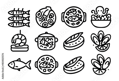 A set of seafood icons: grilled fish, shrimp, octopus, squid, mussels, and various prepared fish dishes, depicted in a clean, black and white outline style.