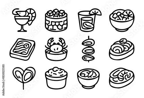 A diverse set of twelve outline icons depicting various food and beverage items, including a cocktail, a glass with a drink, and several seafood dishes such as fish, crab, mussels, sushi, and salads, 