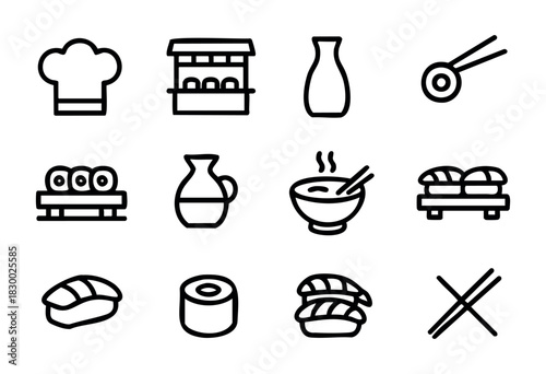 A collection of black outline icons representing various elements of Japanese food and cooking, including sushi, sake, a chef's hat, a food stall, and a steaming bowl.