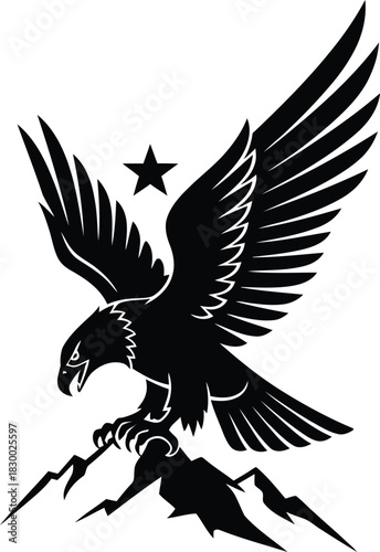 Black aggressive eagle hawk or falcon mascot vector icon perched on a mountain with a star and spread wings.
