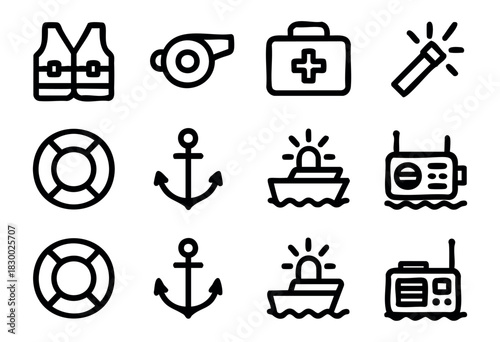 A collection of black outline fishing safety icons including life vests, whistles, first aid kits, flashlights, lifebuoys, anchors, boats, and a walkie-talkie, presented on a white background.