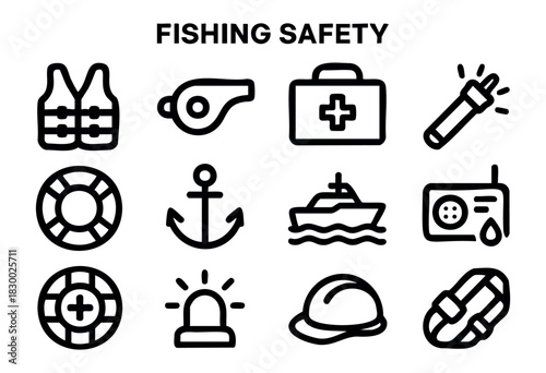 A collection of outline icons representing various essential items for fishing safety, including a life vest, whistle, first aid kit, flashlight, lifebuoy, anchor, boat, and other maritime emergency e