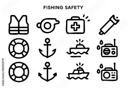 A collection of outline icons representing various essential items for fishing safety, including a life vest, whistle, first aid kit, flashlight, lifebuoy, anchor, boat, and other maritime emergency e