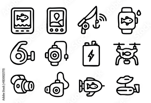 A collection of modern fishing and marine technology icons, featuring fish finders, smart fishing rods, GPS devices, smartwatches, drones, underwater cameras, and batteries, all rendered in a clean li