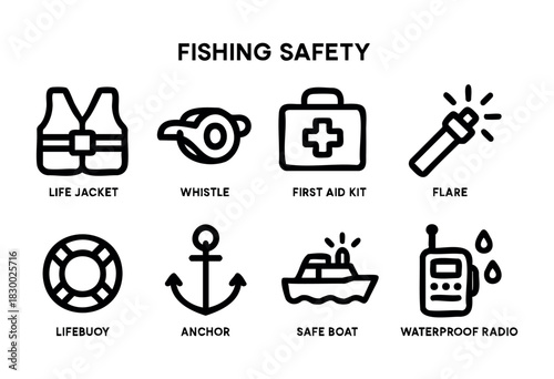 Fishing safety icons set featuring essential maritime emergency equipment such as a life jacket, whistle, first aid kit, flare, lifebuoy, anchor, safe boat, and waterproof radio, presented as black ou