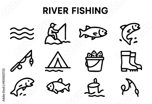 River fishing icons, depicting a fisherman, various fish, a fishing rod, and related elements such as a tent, rubber boots, and a fishing net.