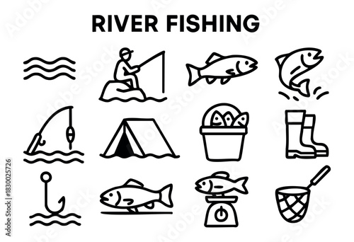 River fishing icons, depicting a fisherman, various fish, a fishing rod, and related elements such as a tent, rubber boots, and a fishing net.