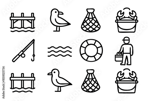A set of twelve black outline icons depicting various elements of fishing and marine themes, including a pier, a seagull, a fishing net, crabs in a bucket, fishing rods, wavy water, a lifebuoy, and fi