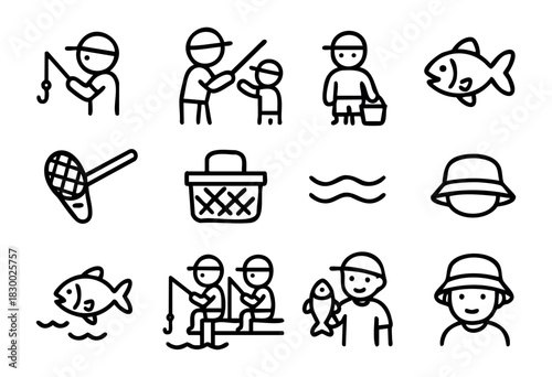 A set of black and white outline icons representing fishing activities, featuring fishermen with rods, a caught fish, a net, and various related equipment.