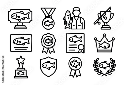 Set of line art icons depicting fishing awards and achievements, including trophies, medals, certificates, an angler, and a fish, symbolizing success and competition in sport fishing.