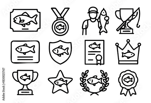 Set of line art icons depicting fishing awards and achievements, including trophies, medals, certificates, an angler, and a fish, symbolizing success and competition in sport fishing.