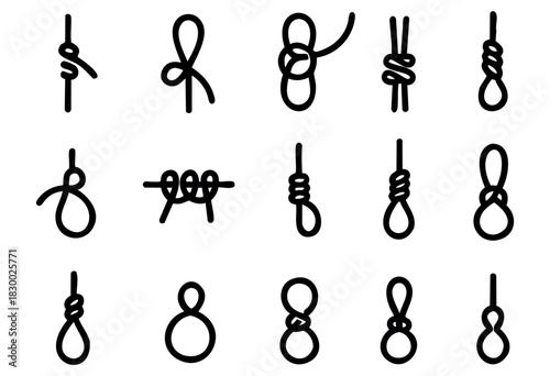 A grid of twelve distinct knots, including various fishing and utility knots such as Clinch, Loop, Blood, Dropper, Double Uni, Snell, and Bowline, presented as clean black line icons on a white backgr