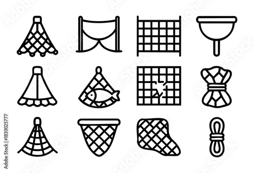 Fishing nets: various fishing nets, rope elements, and maritime equipment, presented as outline icons on a clean white background.