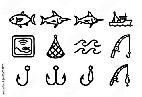 A collection of fishing-related icons, including various types of fish, two fishing rods, three fishing hooks, a fishing boat, a cast net, a fish finder device, and ocean waves, all rendered in a bold