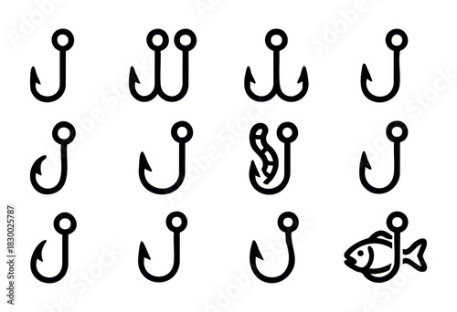 A collection of various fishing hook icons, featuring different types like single, double, and triple hooks, alongside illustrations of a worm as bait and a fish caught on a hook.