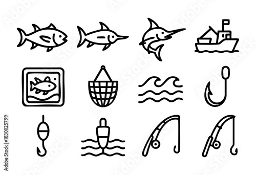 A collection of fishing-related icons, including various types of fish, two fishing rods, three fishing hooks, a fishing boat, a cast net, a fish finder device, and ocean waves, all rendered in a bold