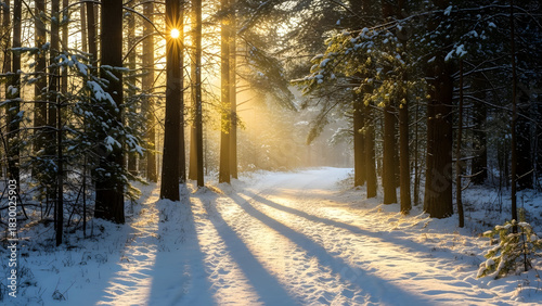 Sunlight streams through tall pine trees onto a snowcovered forest path during a bright winter morning