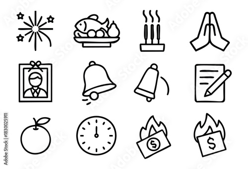 Chinese New Year Rituals doodle icons — traditional ancestor worship, offerings, and spiritual customs for the holiday — stock vector.