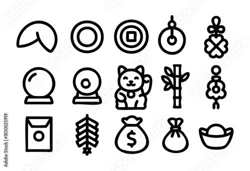 Chinese New Year Fortune and Luck line icons — traditional symbols of prosperity, good luck charms, and wealth amulets — stock vector.