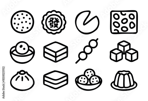 Chinese New Year Sweets and Desserts line icons — traditional holiday treats, festive cakes, and lucky snacks — stock vector.