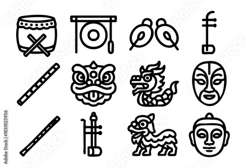 Chinese Traditional Performance line icons — lion dance, dragon dance, opera masks, and musical instruments — stock vector.