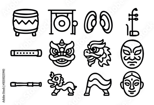 Chinese Traditional Performance line icons — lion dance, dragon dance, opera masks, and musical instruments — stock vector.