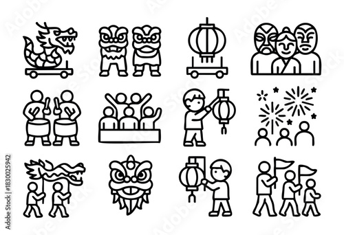 Chinese New Year Parade line icons — dragon dance, lion dance, festive floats, and celebration crowd symbols — stock vector.