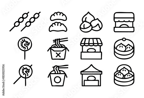 Chinese Street Food line icons — traditional snacks, takeout meals, and market stall symbols — stock vector.